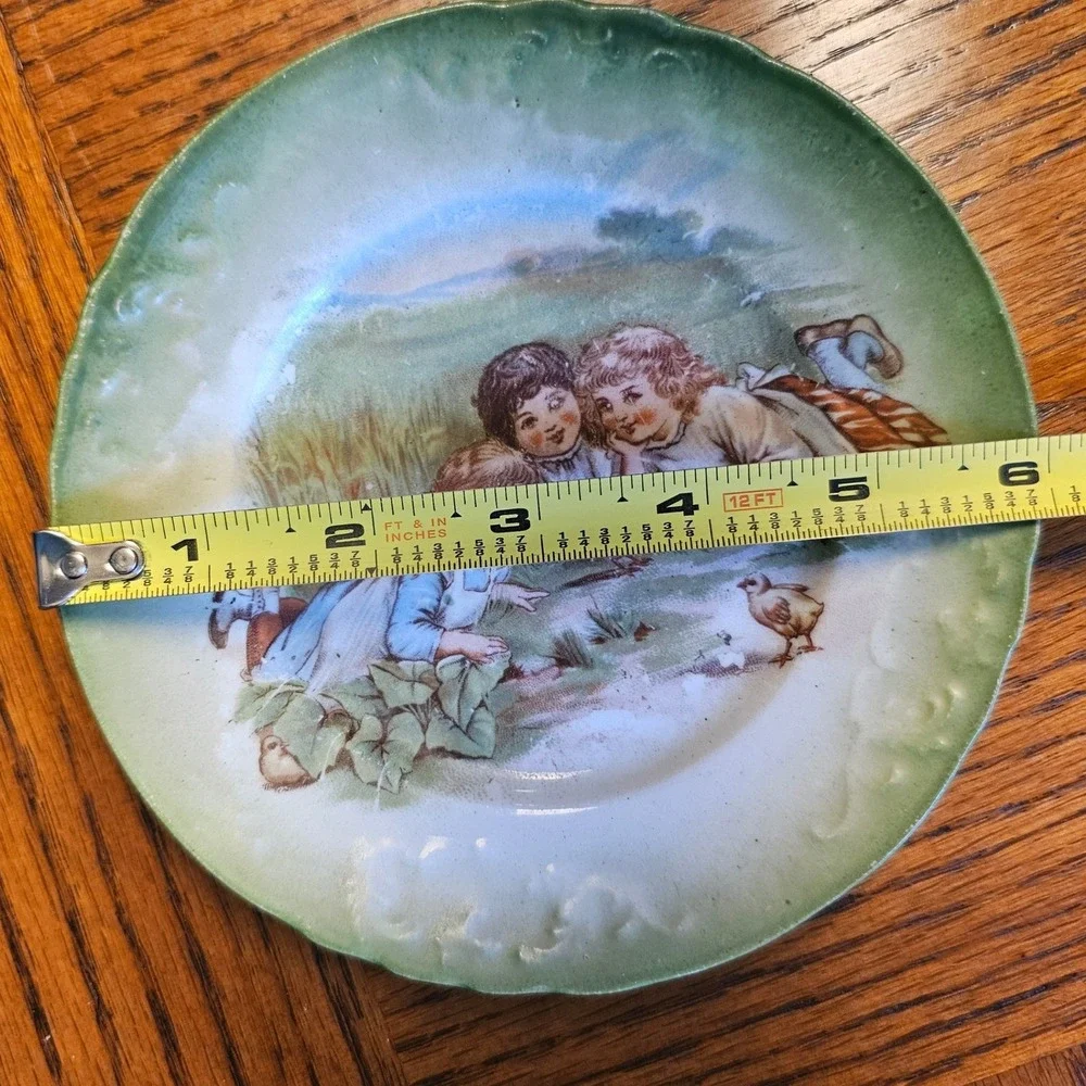 Vintage Porcelain Children and Chicks Collector Plate Green Scalloped Rim 6 Inch